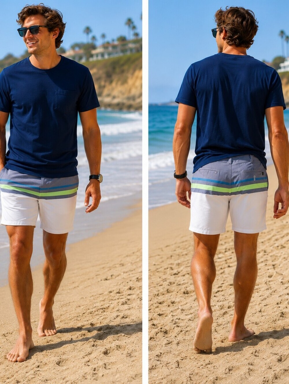 Tony Hawk Striped Casual Men's Shorts in White , Grey, Lime & Blue Size 36